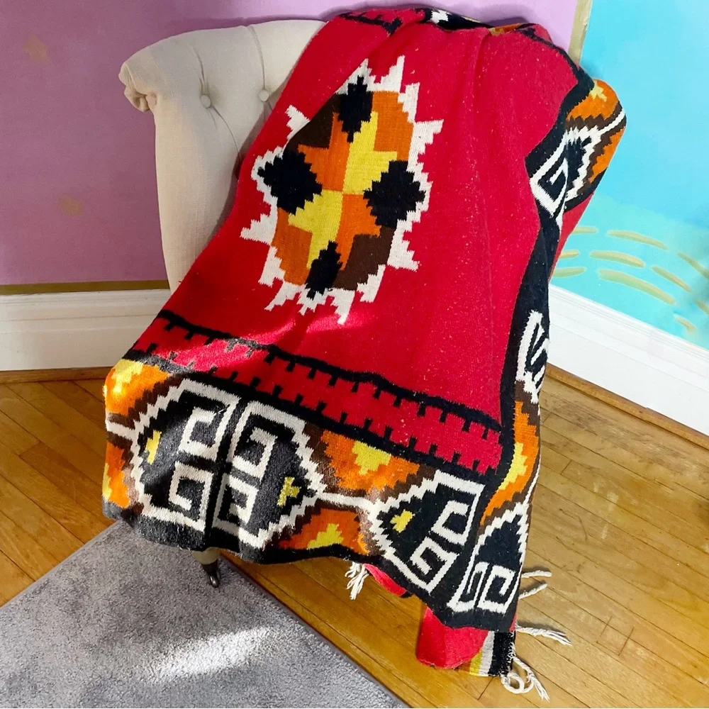 Vintage Woven Blanket Southwestern Fringe Rug Throw Red Native Tribal Design